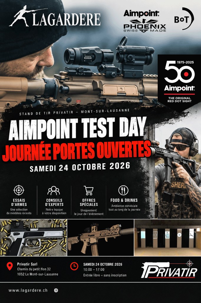 Aimpoint Test Day, journée portes ouvertes, samedi 24 octobre 2026, Privatir, Mont-sur-Lausanne, entrée libre.