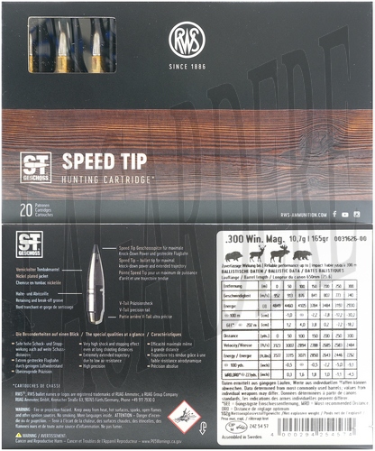 RWS SPEED TIP 10.7G/165GR(CARTOUCHE A BALLE)