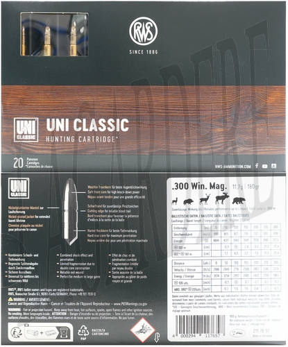 RWS UNI CLASSIC 11.7G/180GR(CARTOUCHE A BALLE)